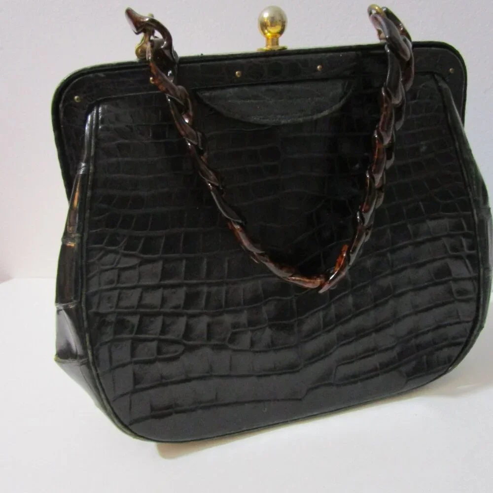Crocodile Purse Top Handle Frame Vintage 1950s Glossy Black - Picture 2 of 16